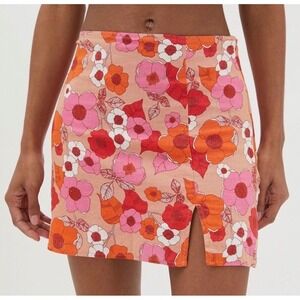 Urban Outfitters Linen Retro Floral Mini Skirt Pink Orange 70s Style | Size S